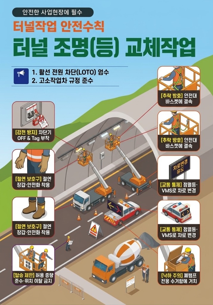 터널작업 안전수칙 - 터널 조명 교체작업