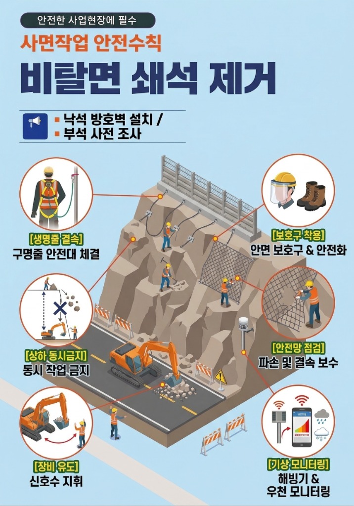 사면작업 안전수칙 - 비탈면 쇄석 제거